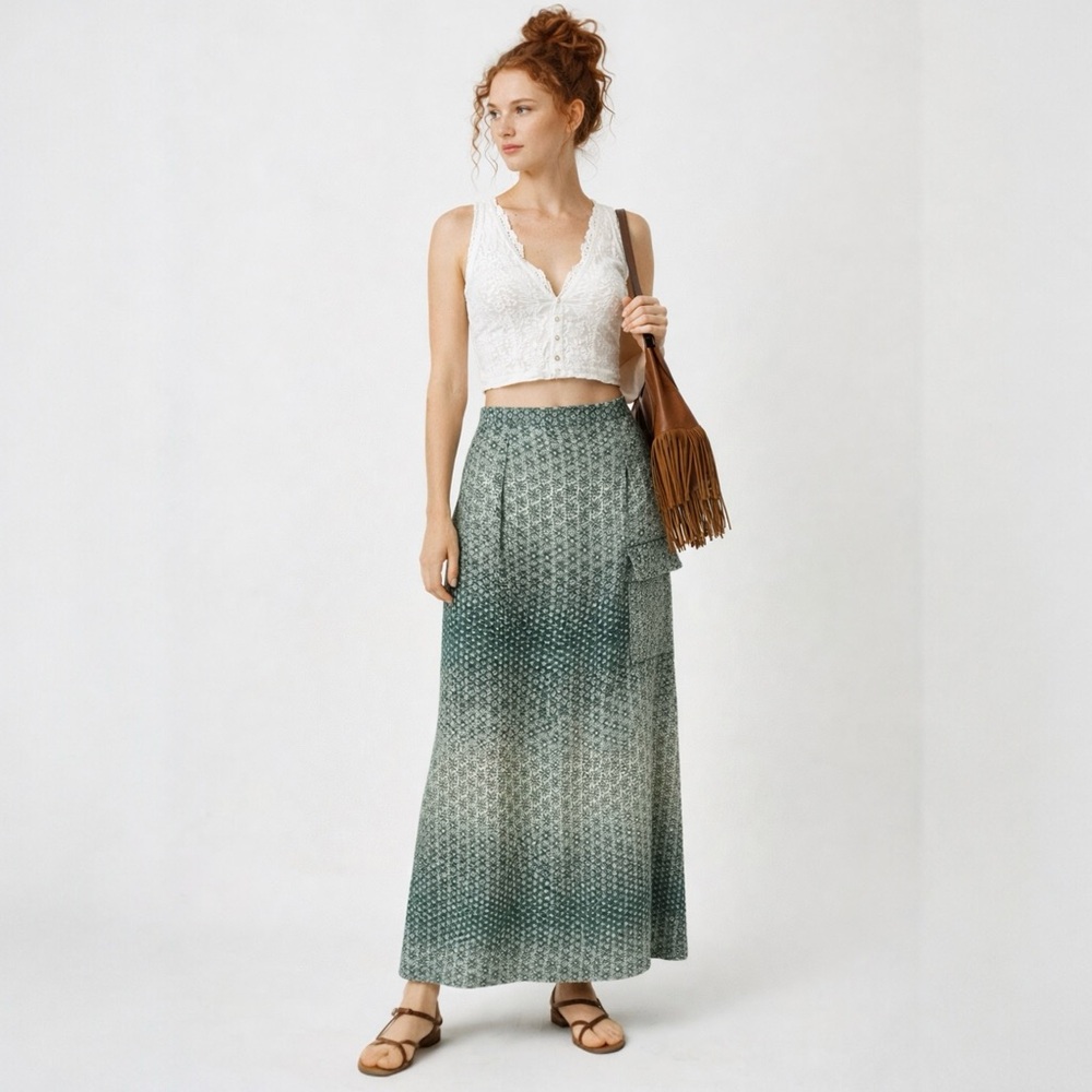 Vintage Geo Patterned Pocket Maxi Cargo Skirt